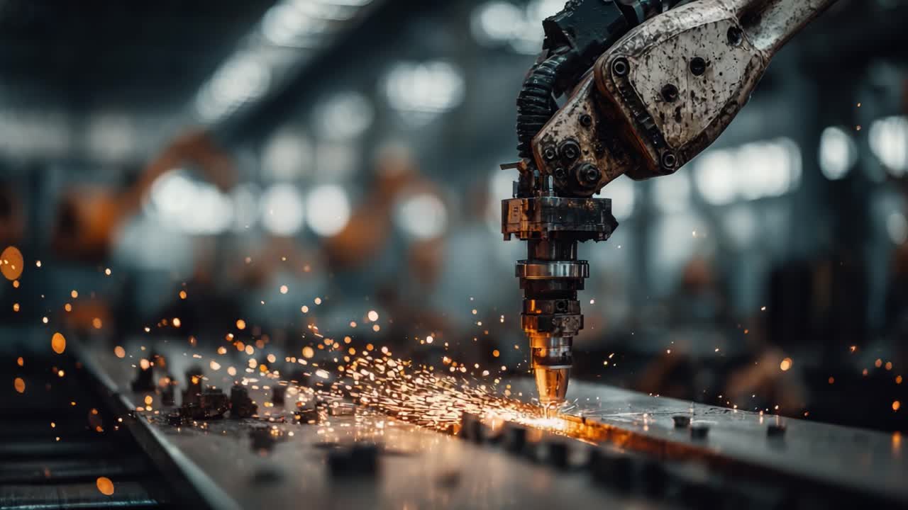 An Automated Robotic Arm Precision Cutting Metal with Spark Emission in a Modern Industrial Environment Displaying Advanced Manufacturing Technology