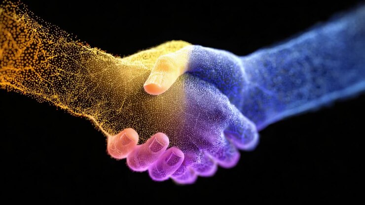 A Symbol of Unity and Collaboration: An Abstract Representation of a Handshake in the Digital Age, Highlighting the Connection Between Diverse Individuals Through Vibrant Colors and Particle Effects