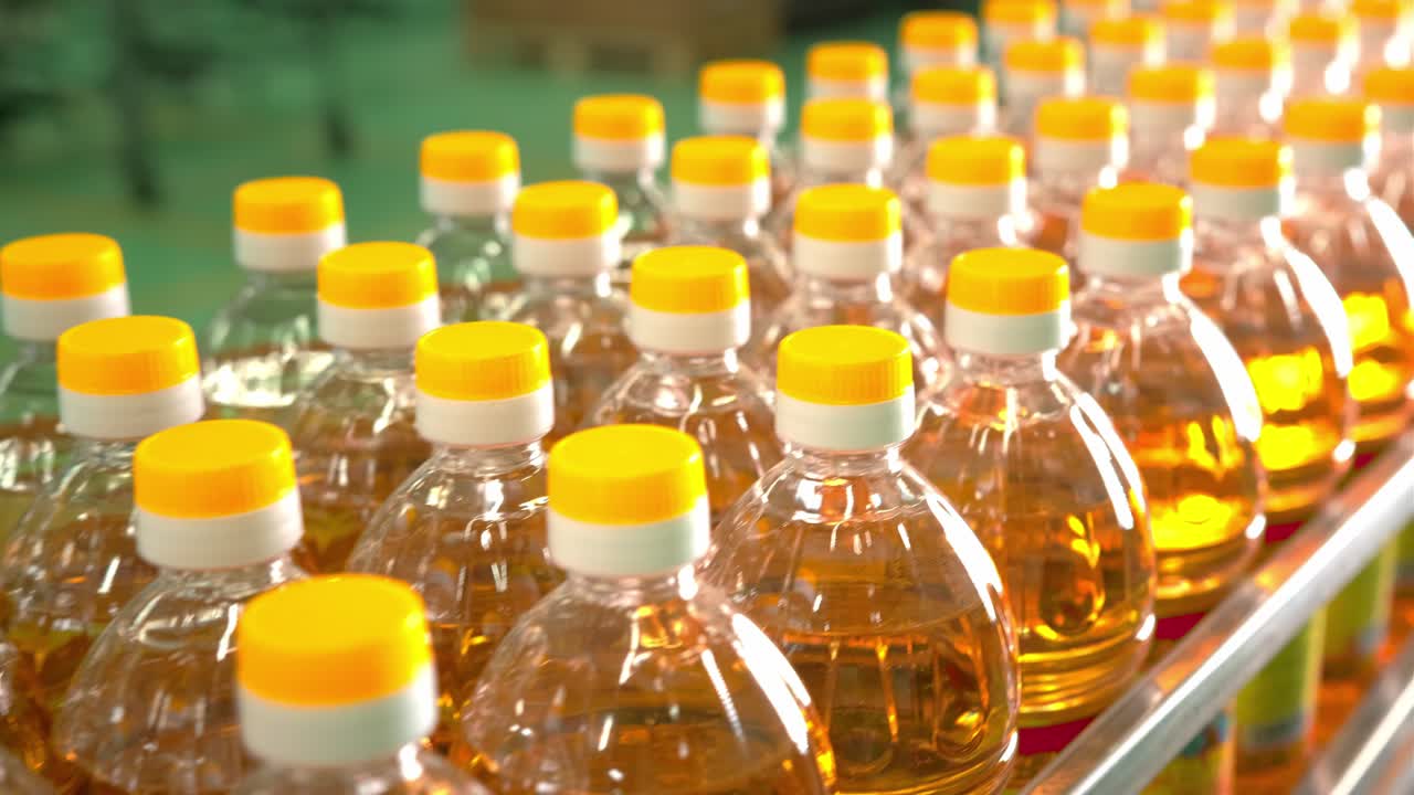 Vegetable Oil Bottles on a Production Line