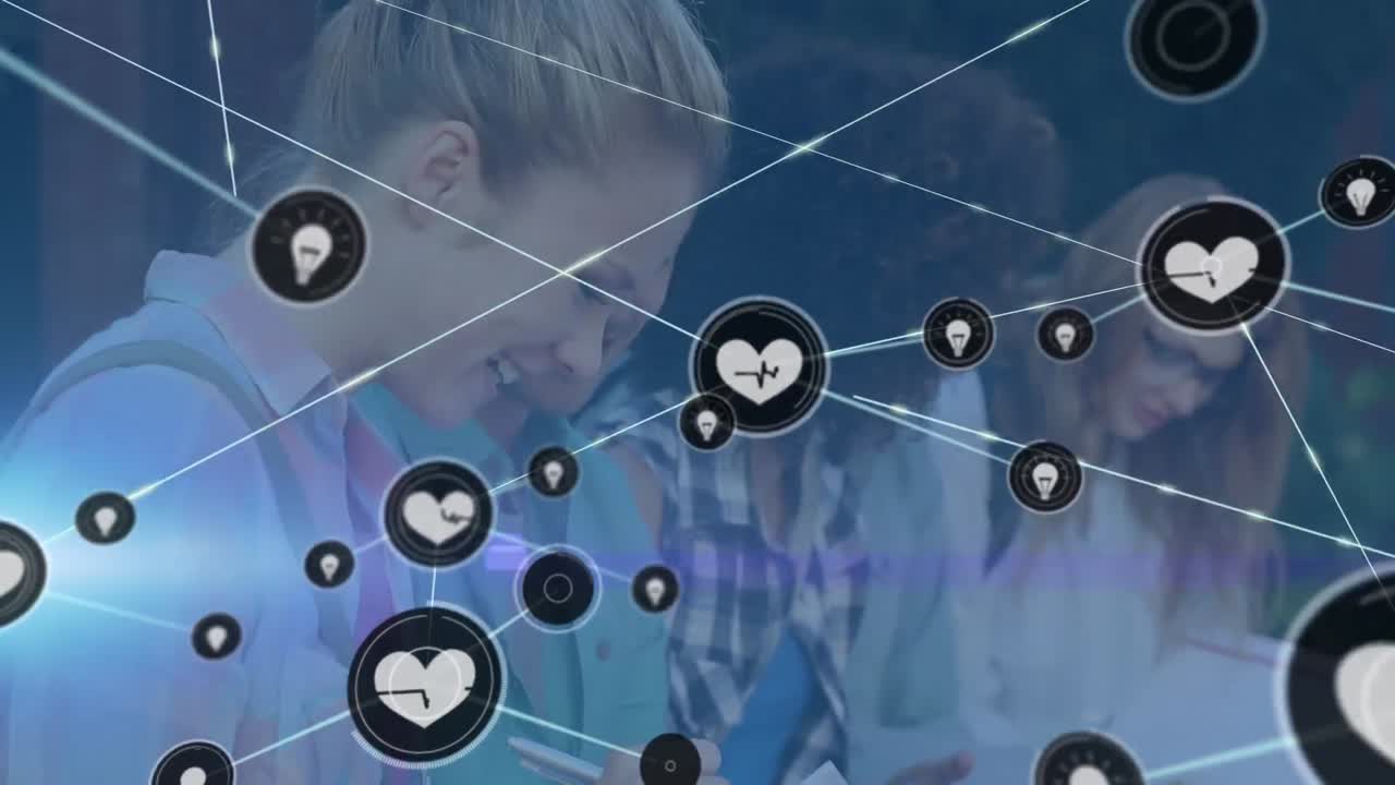 animación de una red de conexiones con iconos en un grupo diverso de estudiantes
