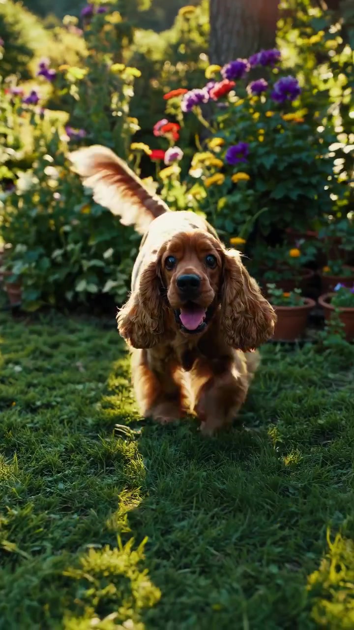 English Cocker Spaniel Walking and Sniffing in a Sunny Garden