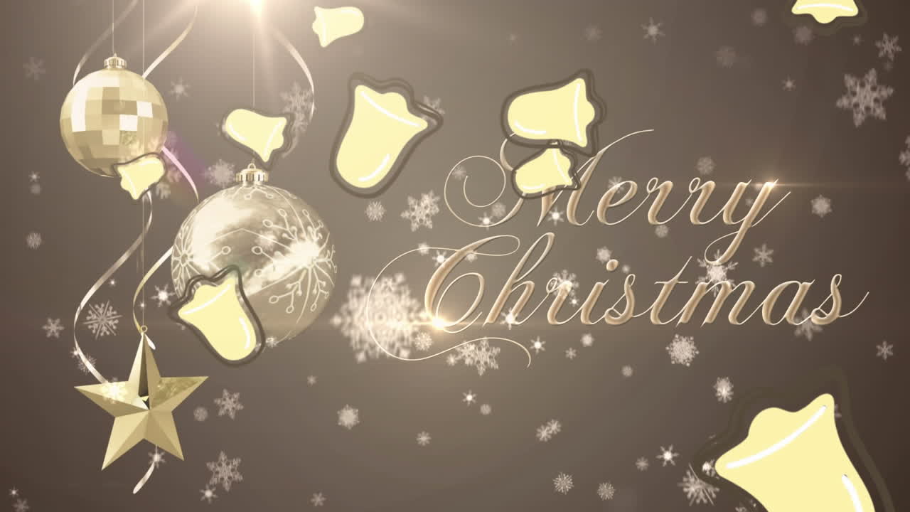 내리는 눈과 종 위에 메리 크리스마스 텍스트의 애니메이션