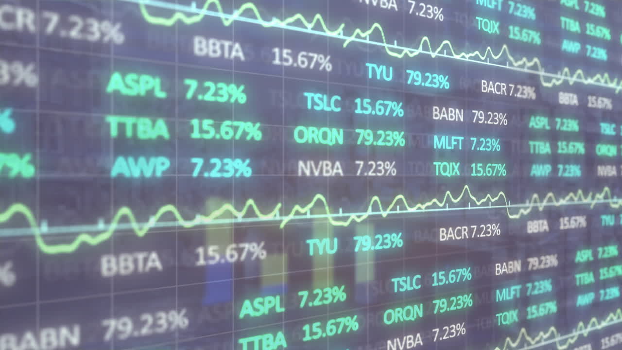 Animazione dell'elaborazione di dati finanziari su sfondo scuro