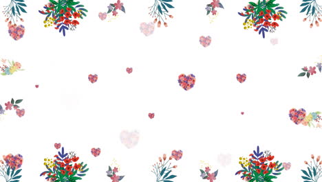 Animation-of-multiple-hearts-of-flowers-over-moving-flowers-on-white-background