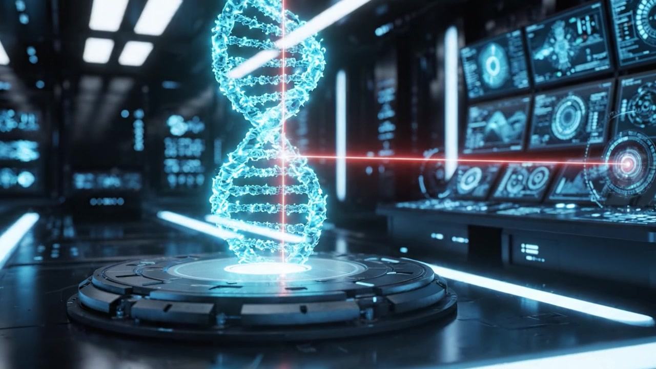A High-Tech Laboratory Environment Showcasing a Futuristic DNA Display, Accompanied by a Series of Advanced Monitors Carrying Data Visualizations and Graphics