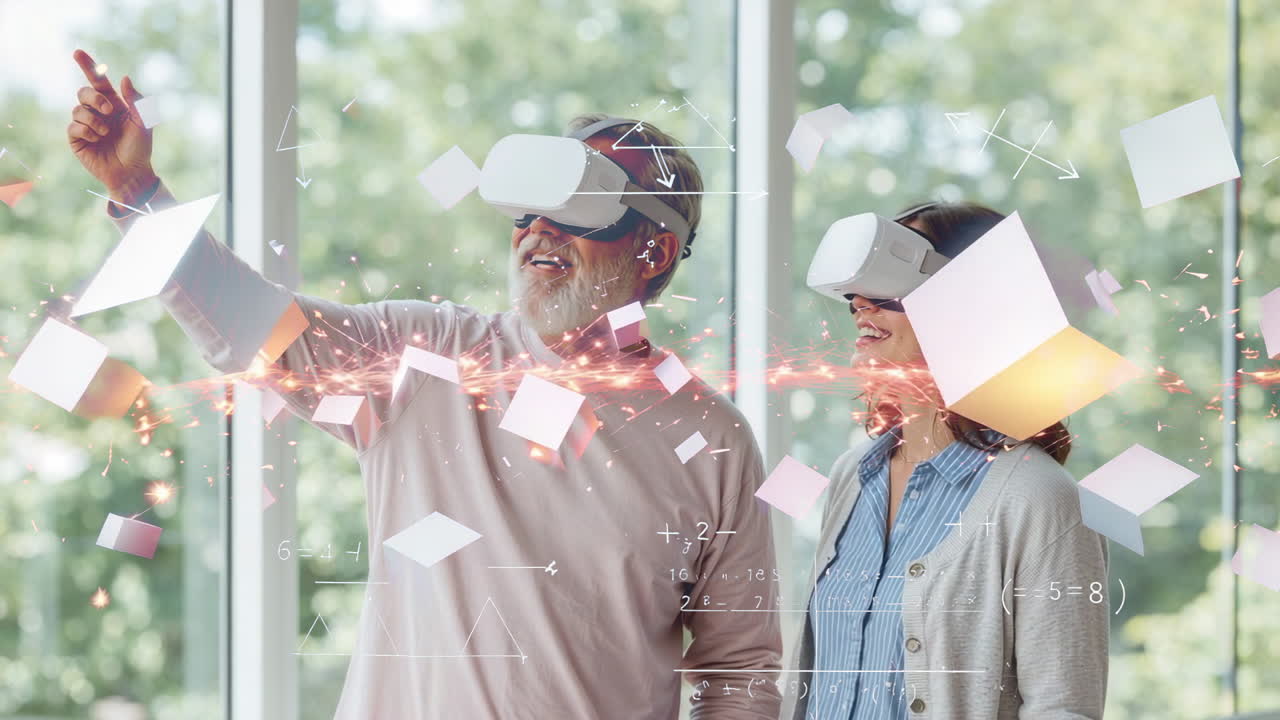 A happy couple enjoying an immersive virtual reality experience
