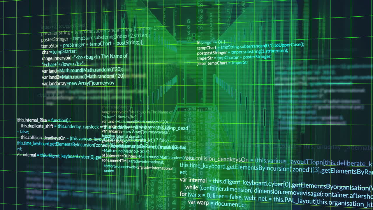 Green digital code and data processing animation over abstract geometric patterns