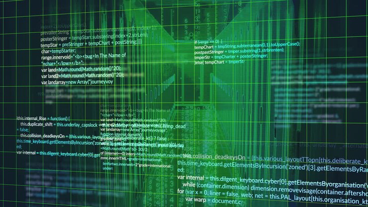 Green digital code and data processing animation over abstract geometric patterns