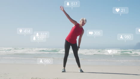 Animation-of-social-media-data-processing-over-caucasian-women-exercising-on-beach