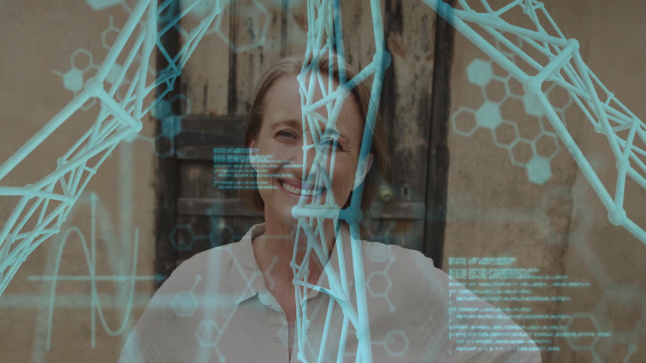 Smiling woman with DNA strand and data processing animation overlay