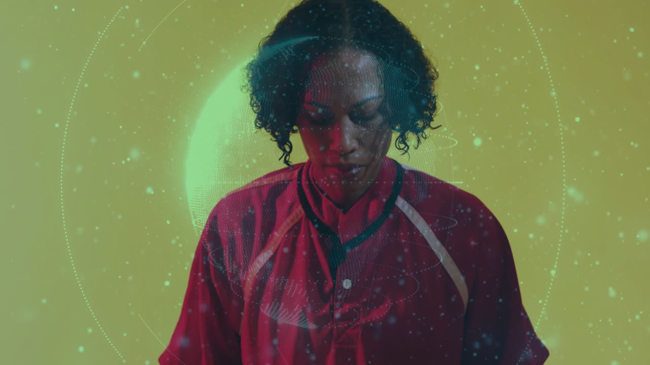 Mid-adult woman examining data overlay in tech studio, showcasing holographic grids and wireframes