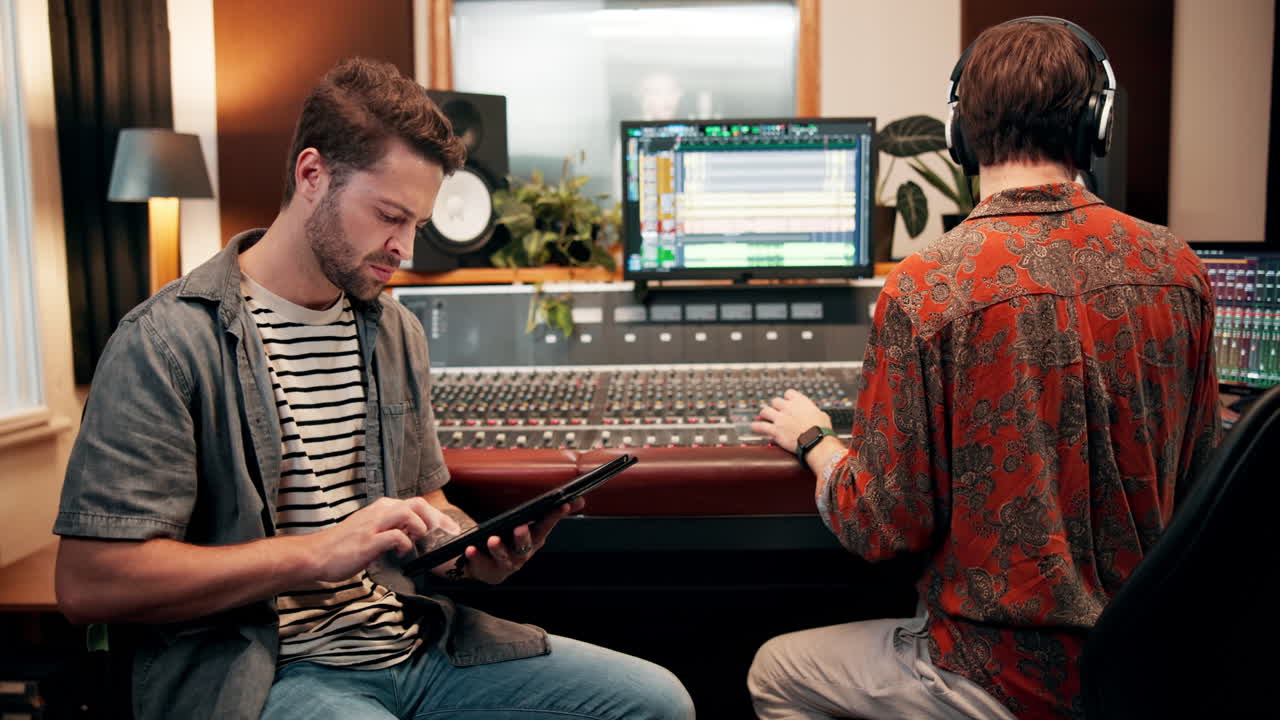 Two men working in a music recording studio