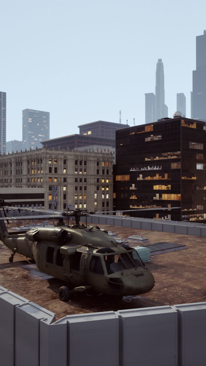 Military helicopter landing on a rooftop in the city