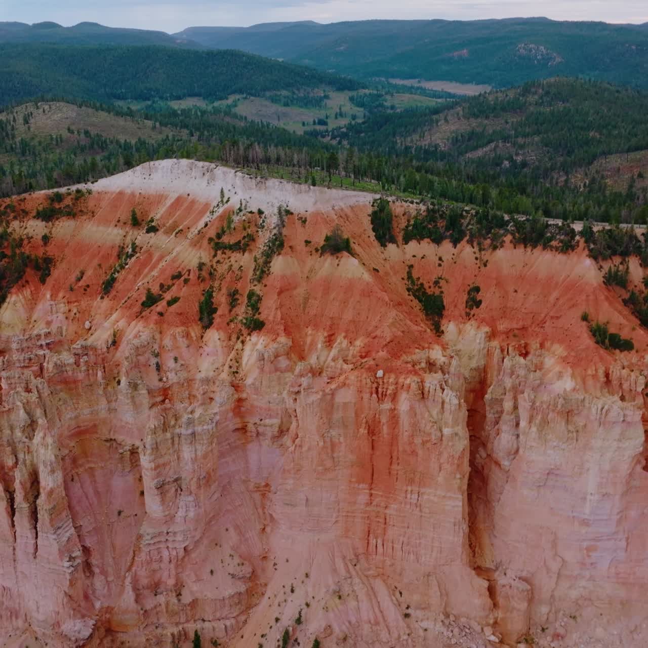Bryce National Park canyons of coral color. Wonderful mountainous landscape covered with pine tree forests. Aerial view