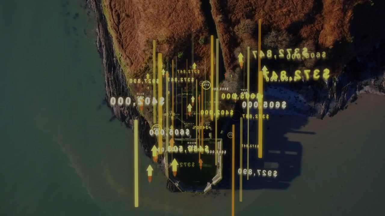 Camera moving toward headland yellow HUD growing bars rising labels flipping scanning fort for scan