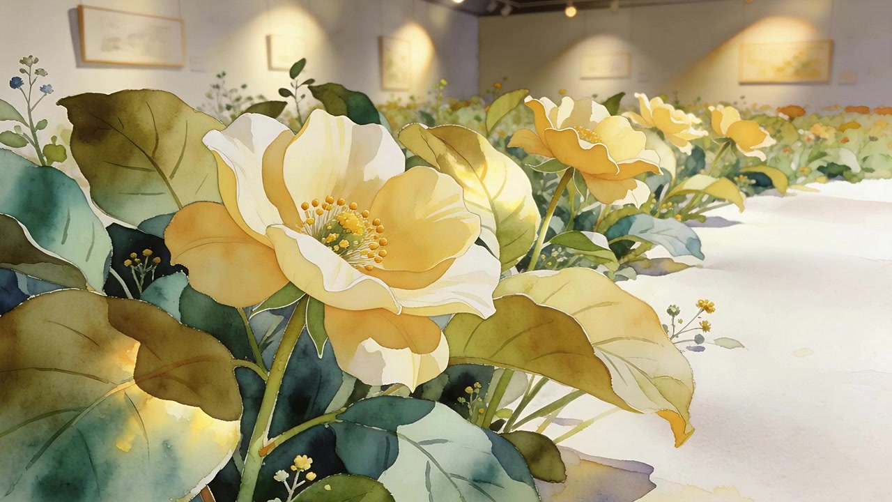 Starter en sakte panorering mot høyre, kameraet avslører en galleri med gulhvite blomster, som viser detaljer om kronbladene
