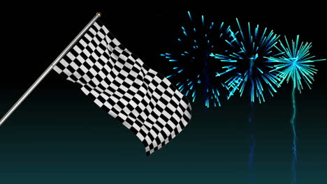 bandera de carreras con fuegos artificiales