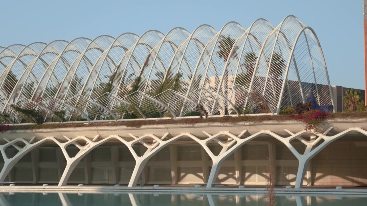 Wide exterior view shows low building wrapped in repeating white arches beside still water, under bright blue sky with palm trees and distant city elements, creating calm, elegant, contemporary