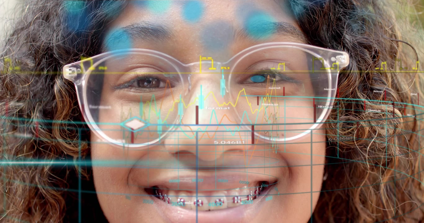 grid waveforms pulsing starting teenage girl opening eyes for biometric scan in park braces showing