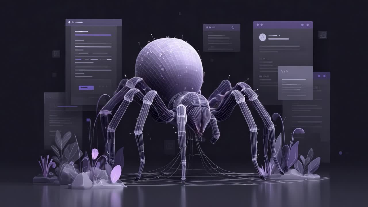 A Futuristic Spider Concept Model Showcasing Intricate Wireframe Design Amidst Digital Interfaces Representing Connectivity and Technology