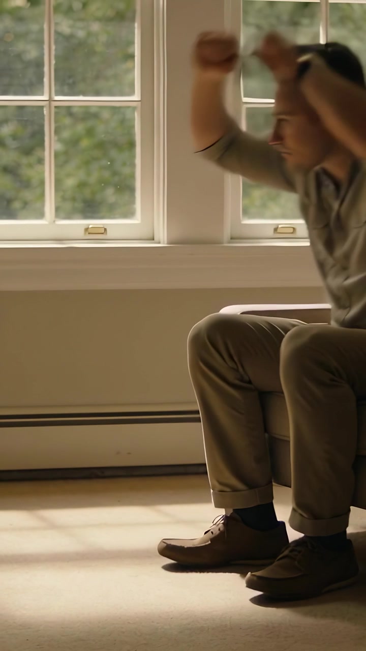 Vertical video: Shifting man in rolled sleeves shirt pushing up and rising by window, with armchair