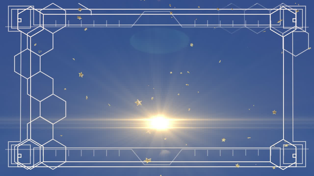 황금색 별과 빛의 반점이 파란색 배경에 육각형 모양으로 움직이는 애니메이션