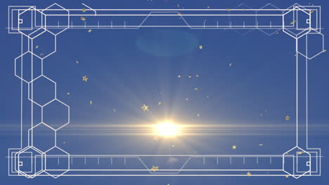 animación de estrellas doradas y manchas de luz que se mueven sobre formas hexagonales contra un fondo azul.