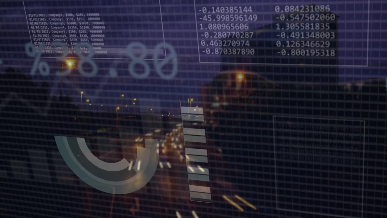 Animation of financial data processing over cityscape