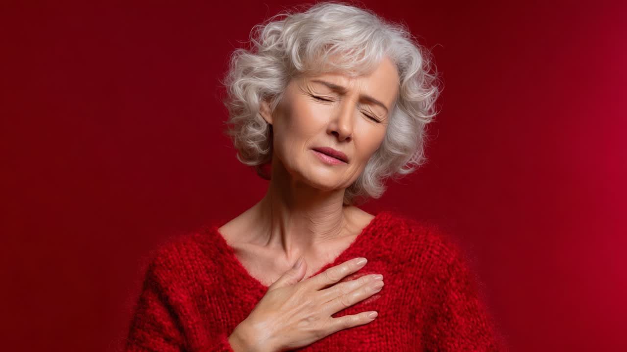 A contemplative moment captured in a striking red backdrop, showcasing a mature woman's emotional expression as she reflects on memories and feelings of nostalgia