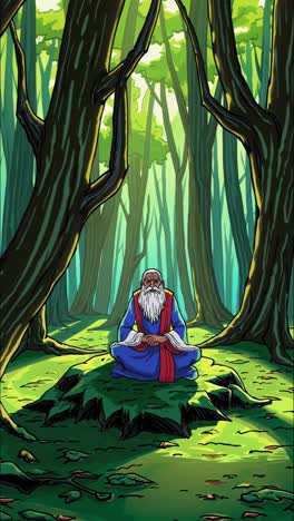 old man meditating in a tranquil forest