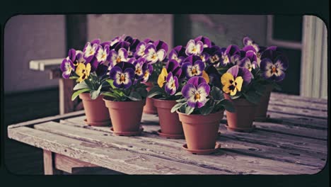 Vintage-style video of potted pansies on a rustic wooden table, captured from a low angle