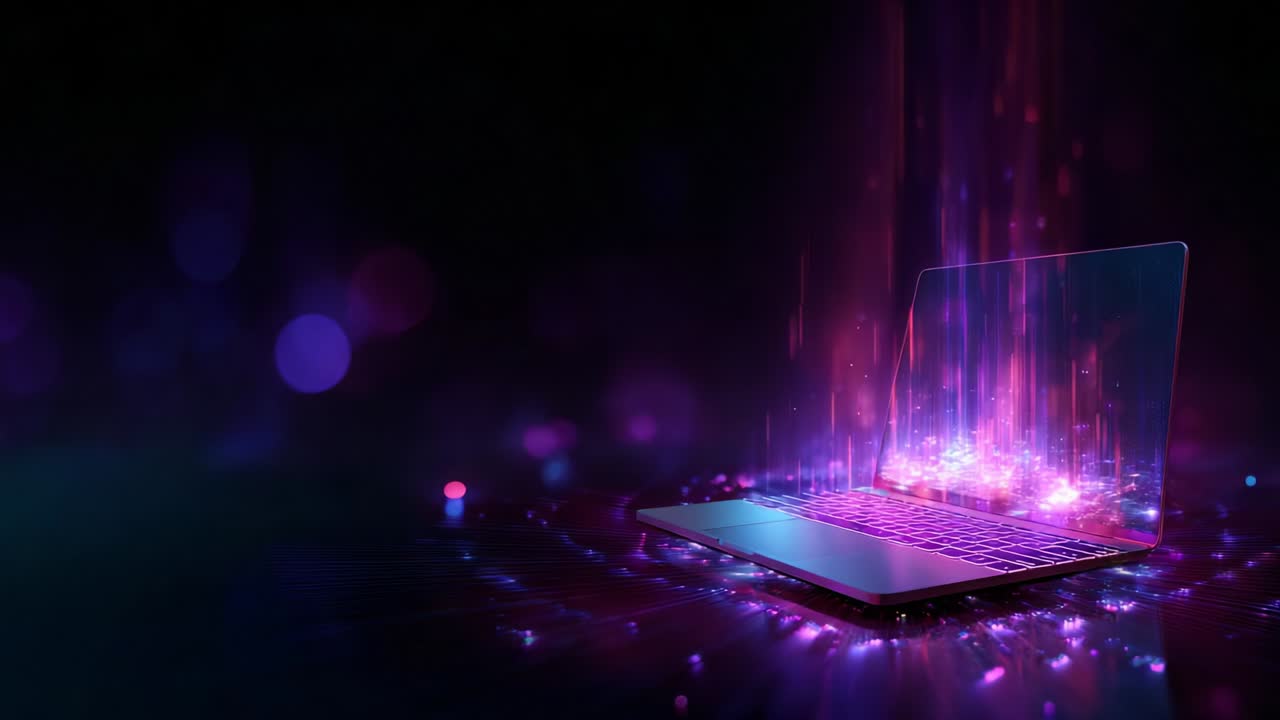 A stunning visual representation of technology and data transfer, showcasing a laptop emitting vibrant beams of light and energy, symbolizing innovation, digital connectivity, and the future of computing