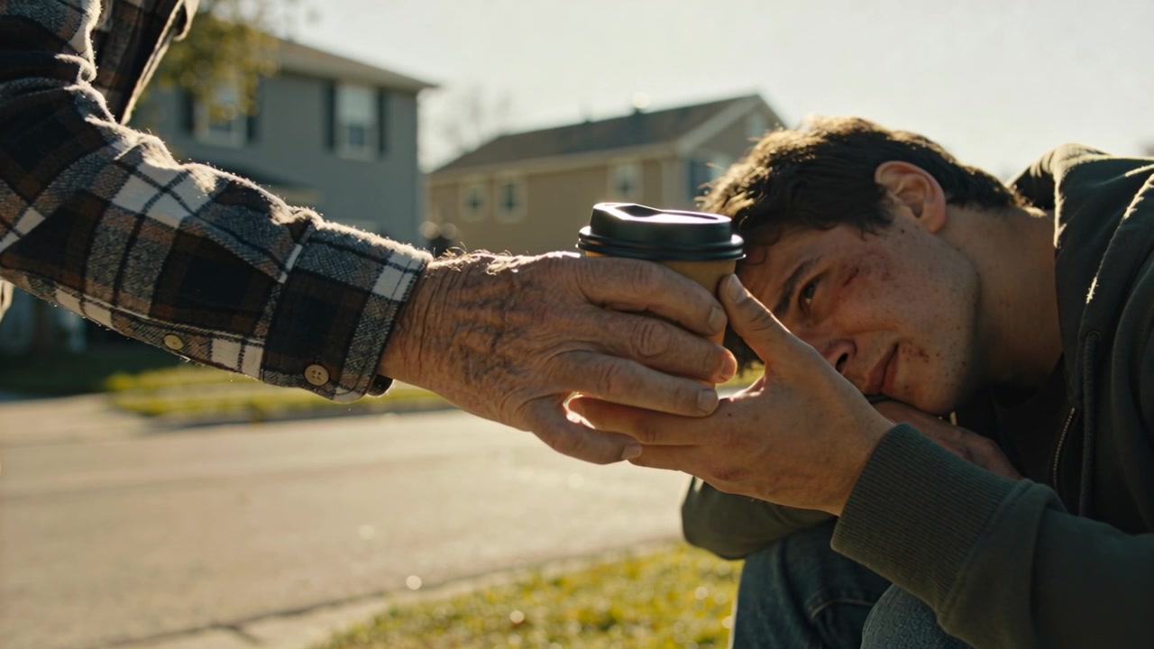Offering plaid-shirt man on suburban curb, bruised hooded teen taking paper cup to calm, copy space