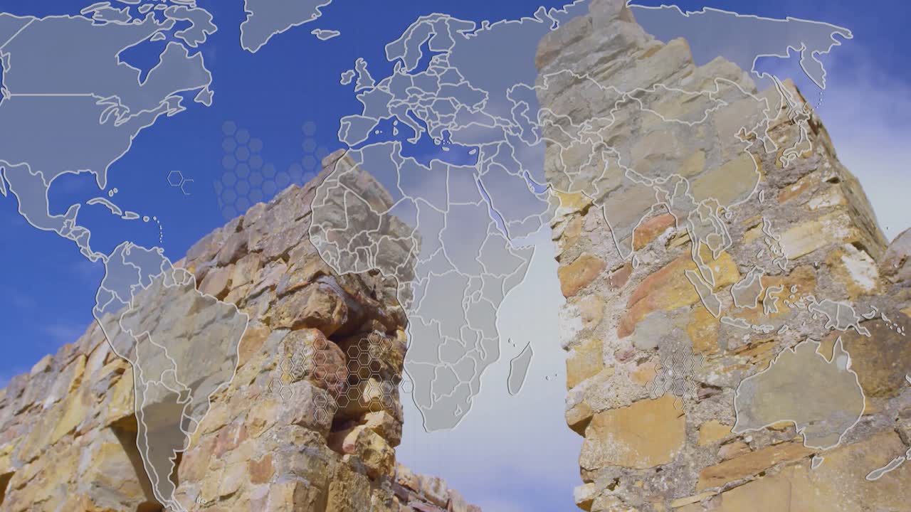 Con contorni di continenti sfumati, sovrapposizione della mappa del mondo che si espande con nodi esagonali che mostrano la rete globale