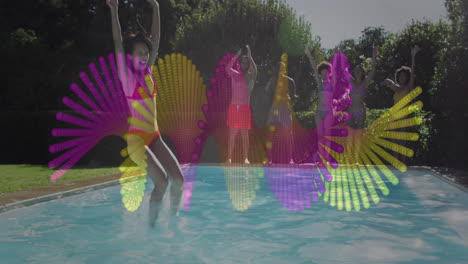 jumping into pool, people with colorful abstract animation overlay, having fun