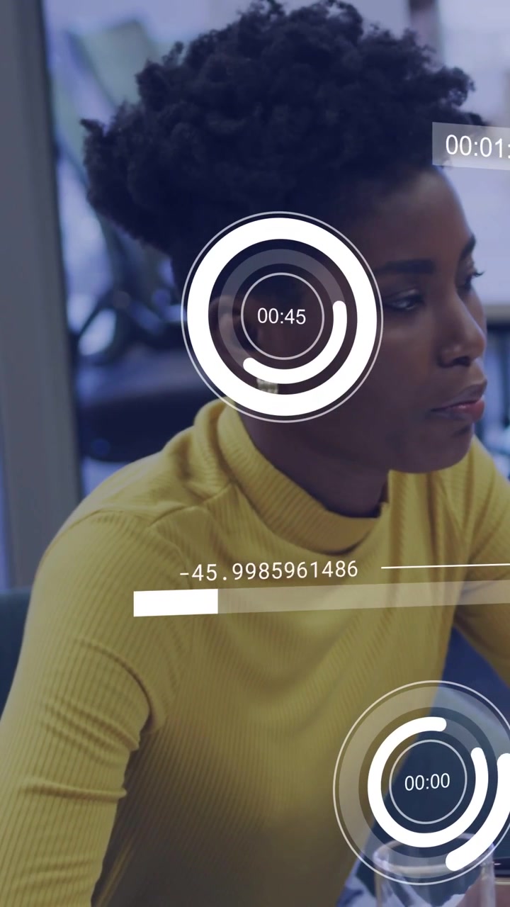 Vertical video: Businesswoman head-turning and listening on timer updates while HUD bars updating