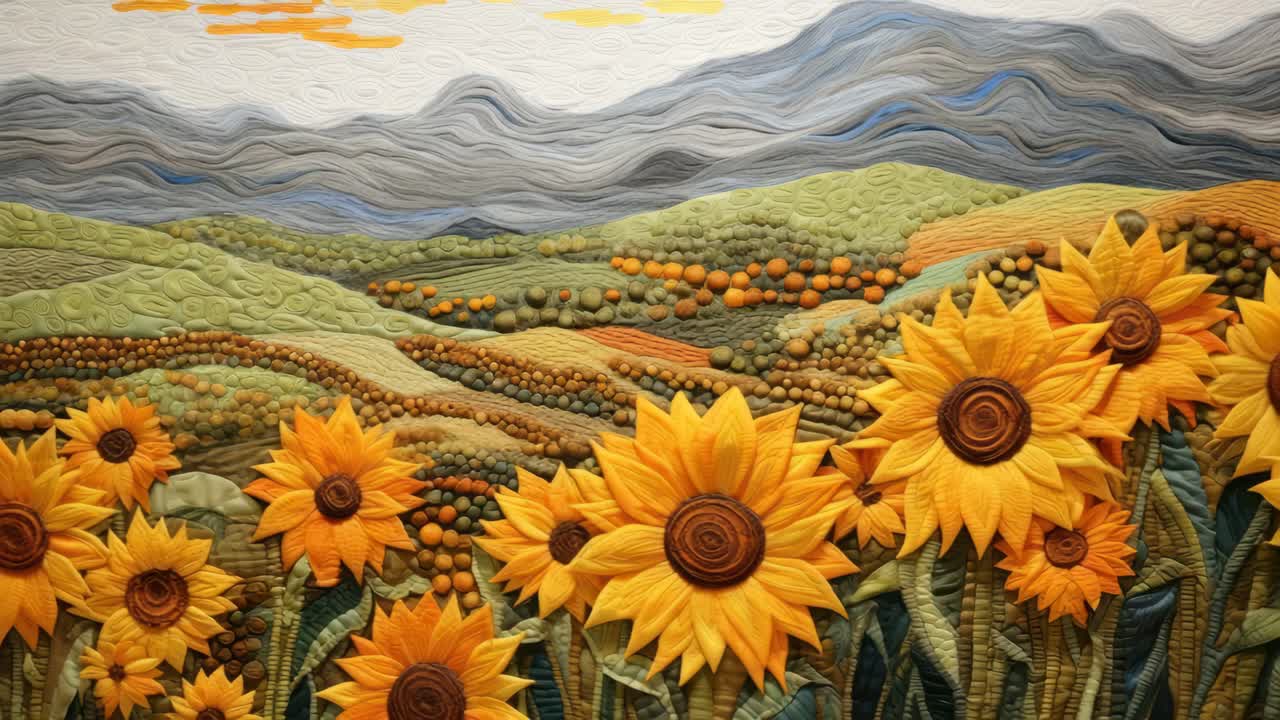Aerial view of a vibrant quilt landscape with sunflowers and mountains, resembling a video game