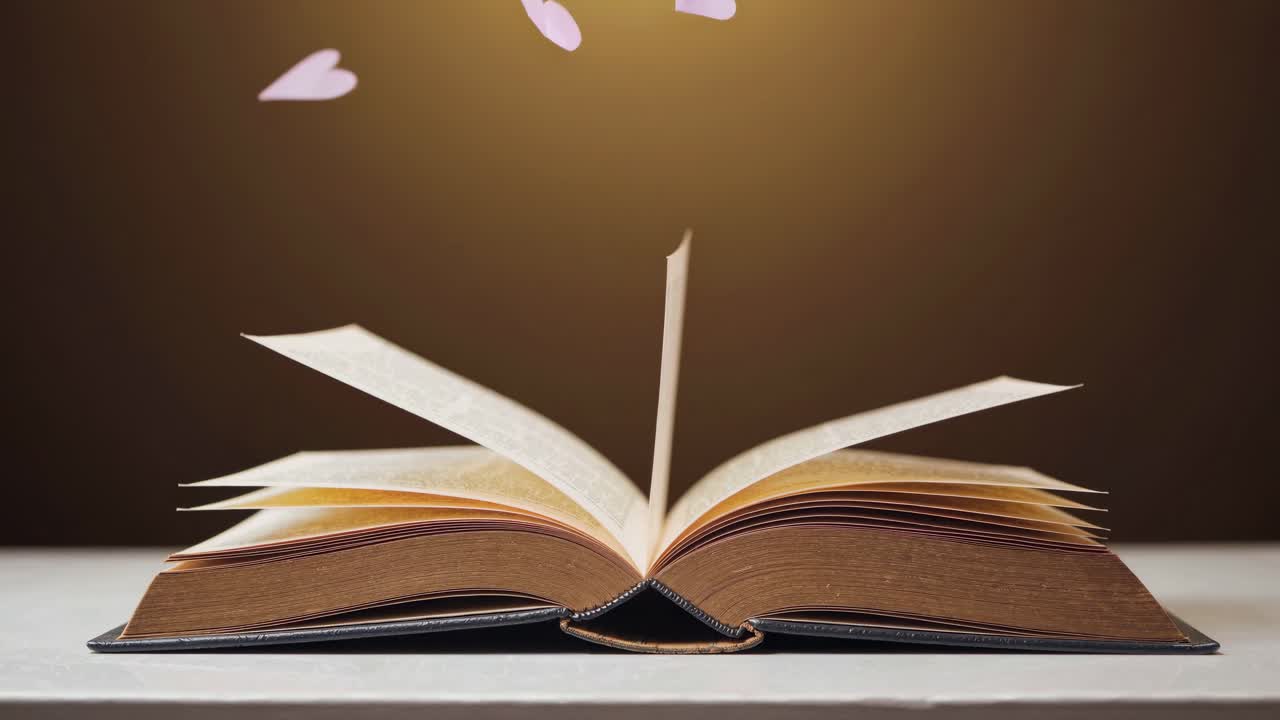 libro abierto con corazones voladores