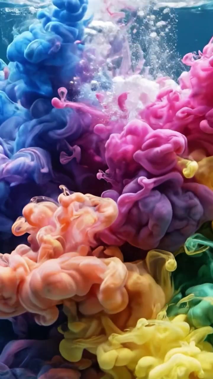 Una vivace esposizione di motivi di fumo colorati e formazioni vorticose sott'acqua, che cattura la bellezza della dinamica dei fluidi e dell'interazione dei colori in movimento