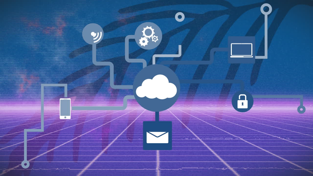 Animation of network of connections with icons over landscape