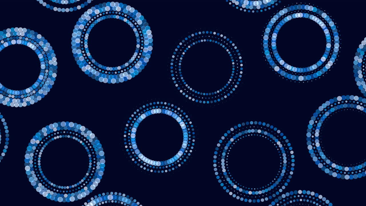 Seamless abstract motion background with blue dotted circular rings and soft bokeh glow on dark navy backdrop, ideal for tech, data, science, and modern design projects
