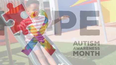 Animation-of-puzzle-pieces-and-autism-awareness-month-text-over-african-american-boy