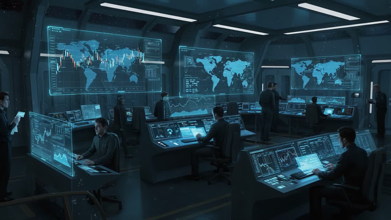 Advanced Command Center: Futuristic Control Room with Analysts Monitoring Global Data and Charts on High-Tech Screens in a High-Stakes Environment