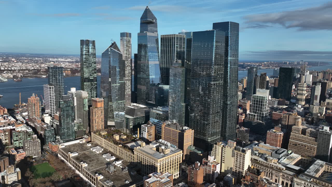 Aerial view of New York City's West Side approaching Hudson yards Towers