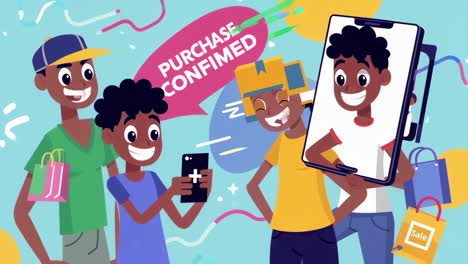 people celebrating a confirmed online purchase with smartphones and shopping bags