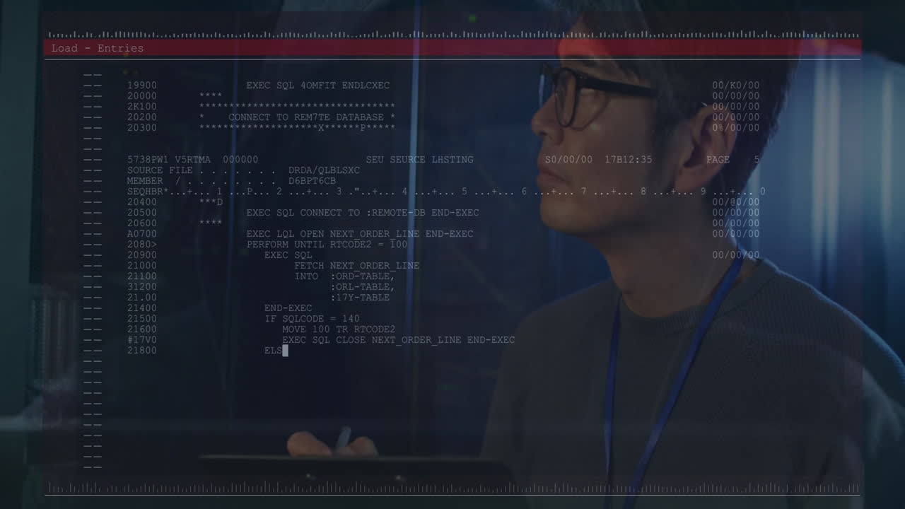 Analyzing data, person with glasses viewing screen with code and graphs animation