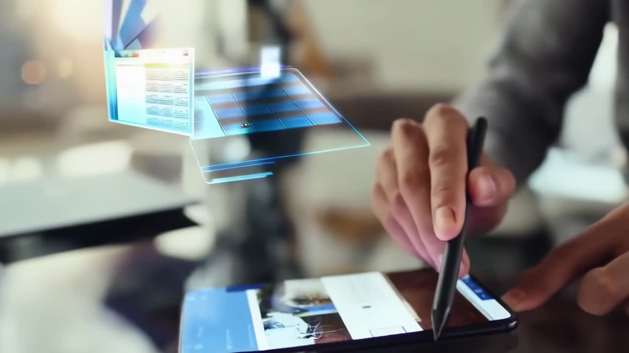 Futuristic video concept of a hand using a stylus on a smartphone, shot from a side angle