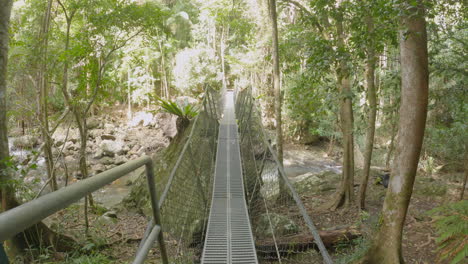 suspension bridge over fast flowing mountain creek in a rainforest