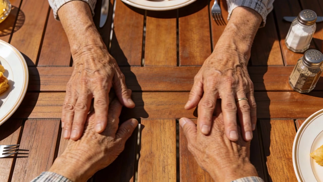 Casal idoso colocando a mão sobre a mão do parceiro, segurando-se para conforto em uma mesa ripada com pratos.