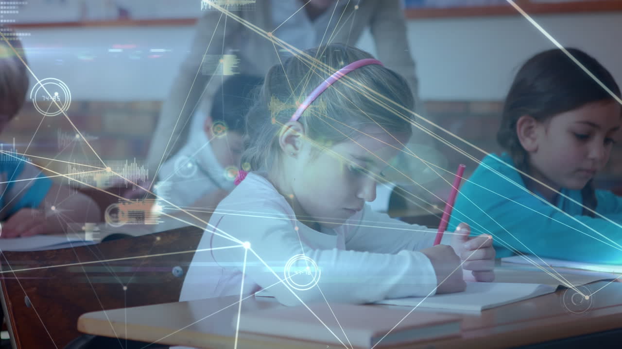 animación de la red de conexiones sobre dos niñas caucásicas que estudian en la clase en la escuela